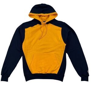 New Champion Men US S Navy Blue Orange Double Dry Eco Colorblocked Fleece Hoody